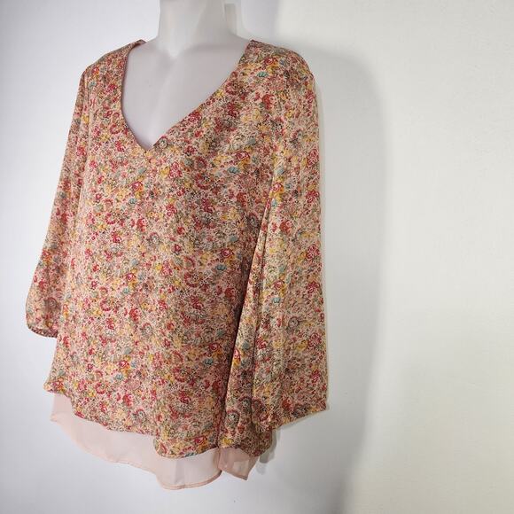 Lauren Conrad Women Blouse Large Layered Chiffon Boho Lace Back Top V Neck Ditsy - Picture 5 of 12